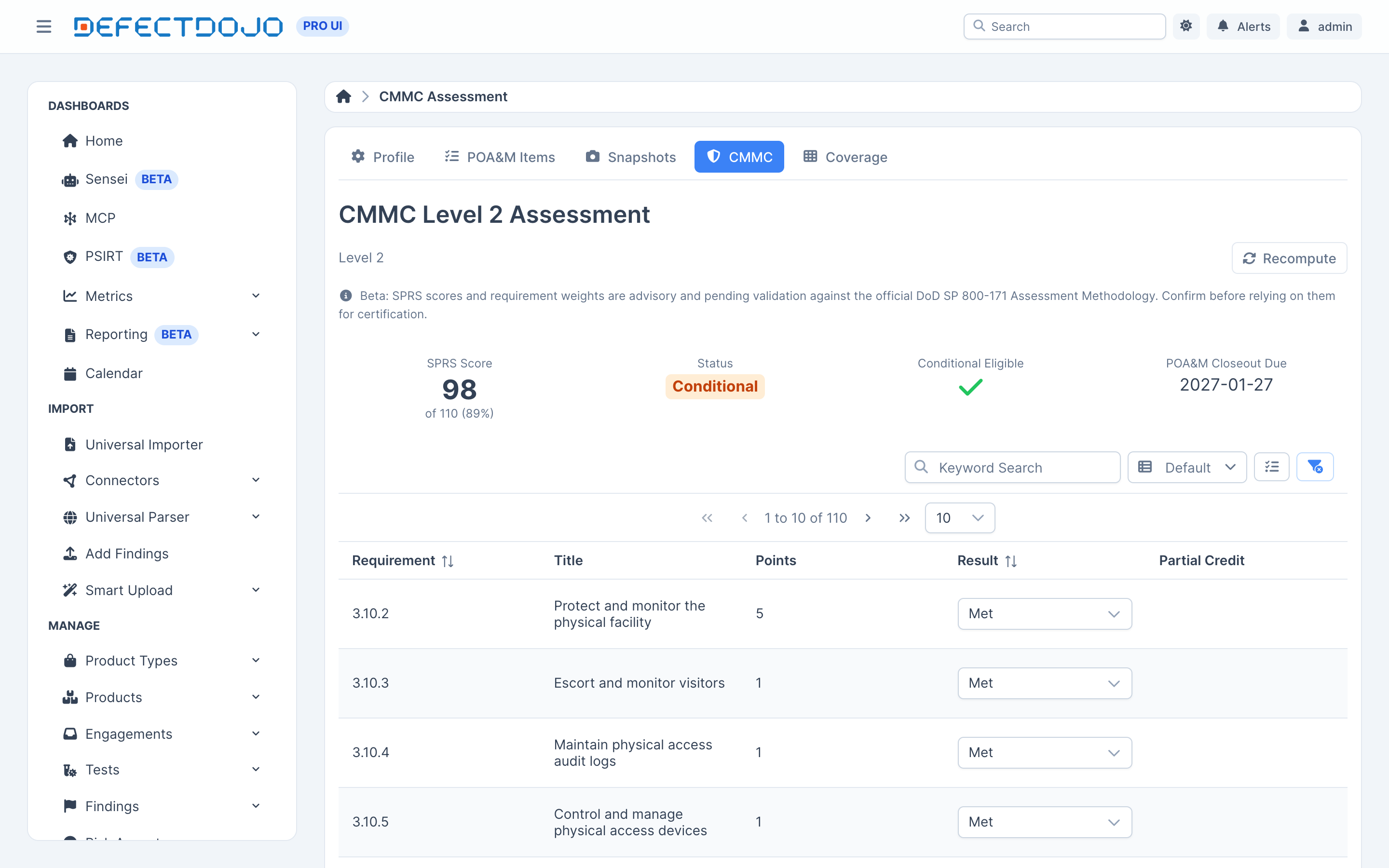 A CMMC Level 2 assessment scorecard
