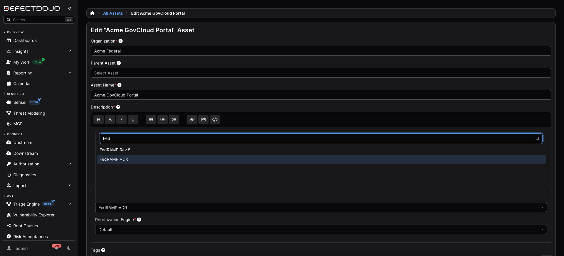 The SLA Configuration field on the Edit Asset form, filtered to Fed
