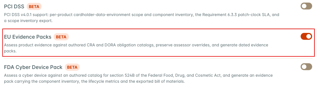 The EU Evidence Packs feature flag switched on