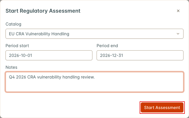 The Start Regulatory Assessment dialog with a quarterly period