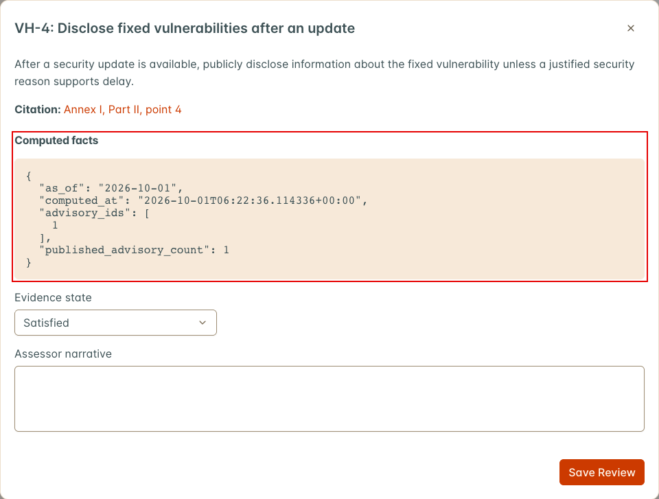 Computed facts for VH-4 with one counted advisory