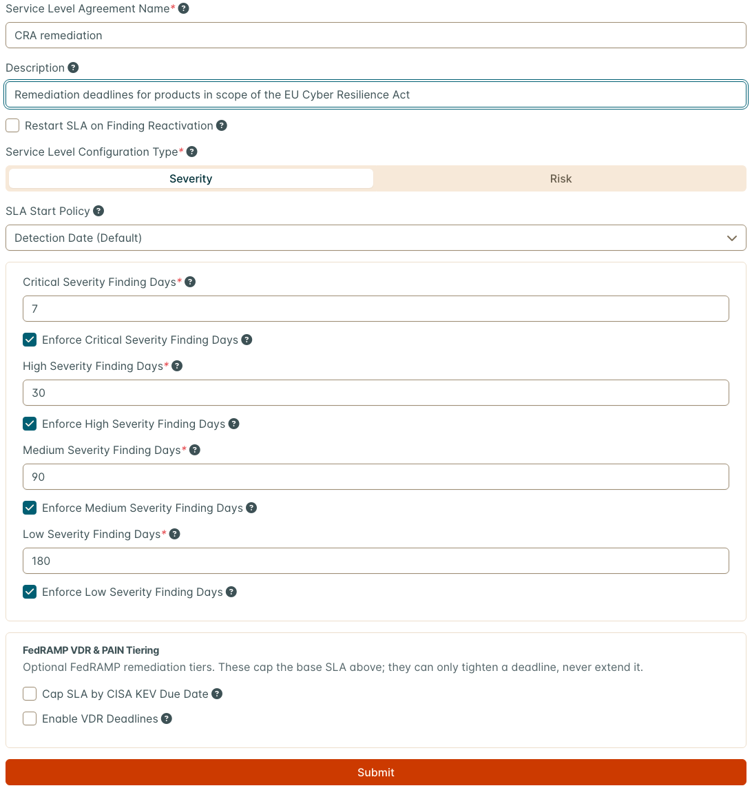 A new SLA configuration for CRA products, every day count typed in