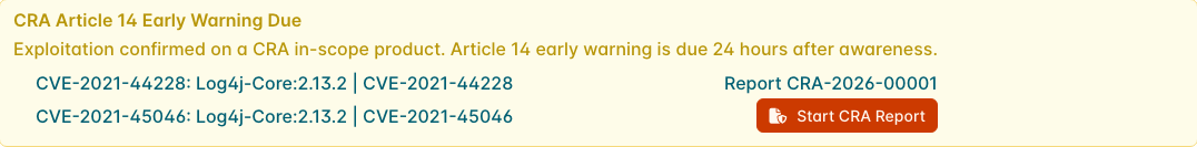 The early-warning prompt on an in-scope Asset: one finding already has a report, the other offers Start CRA Report