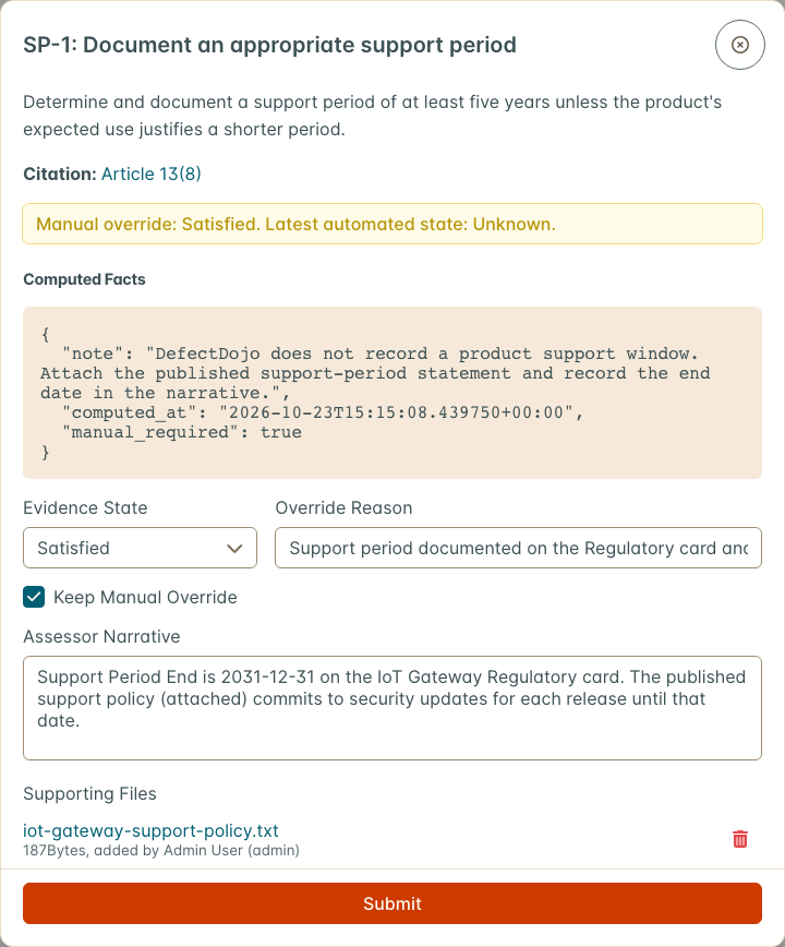 SP-1 set by hand, with a reason, a narrative and the support policy attached