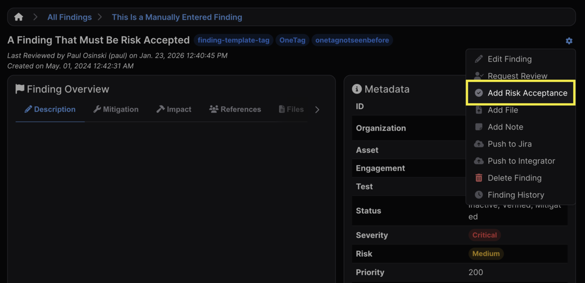 Risk Acceptance in Finding Submenu