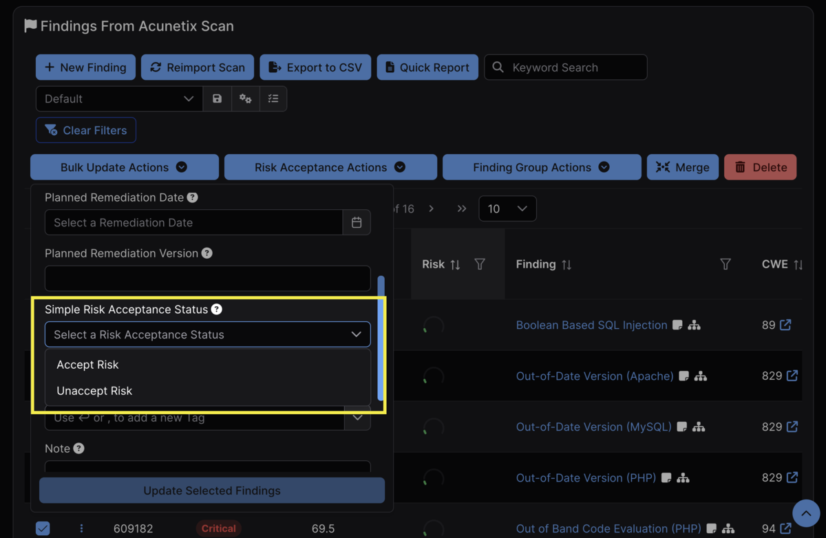 Risk Acceptance Actions in Table