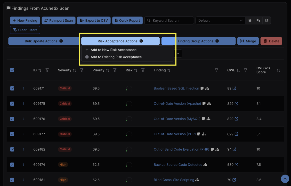 Risk Acceptance Actions button