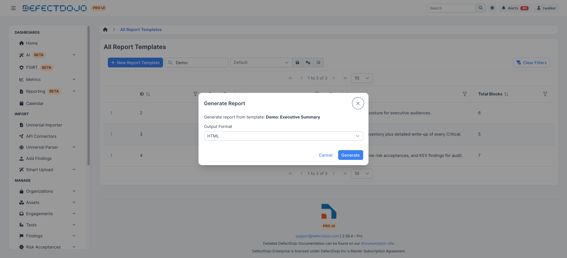 Generate report dialog