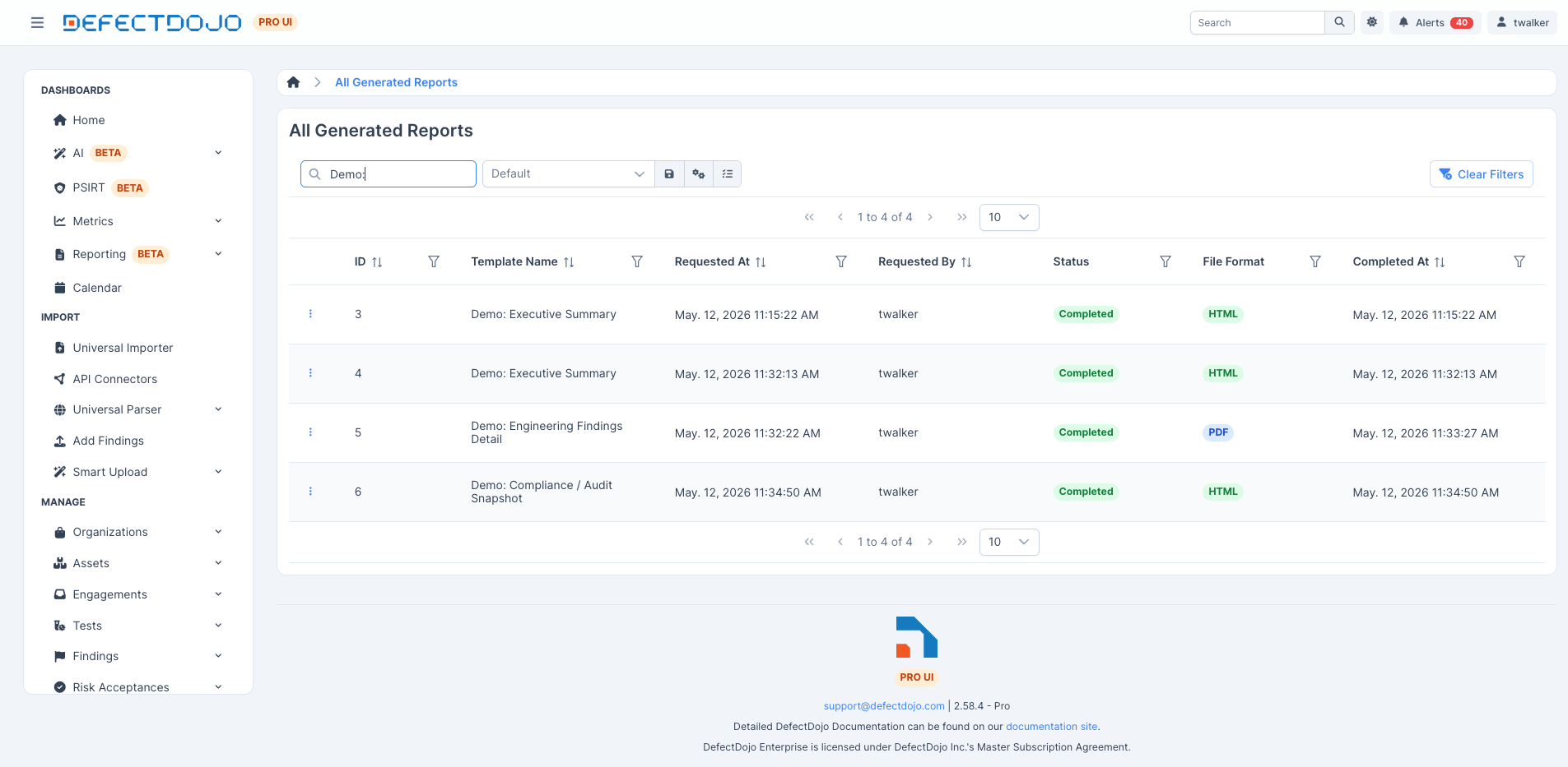 Generated reports list