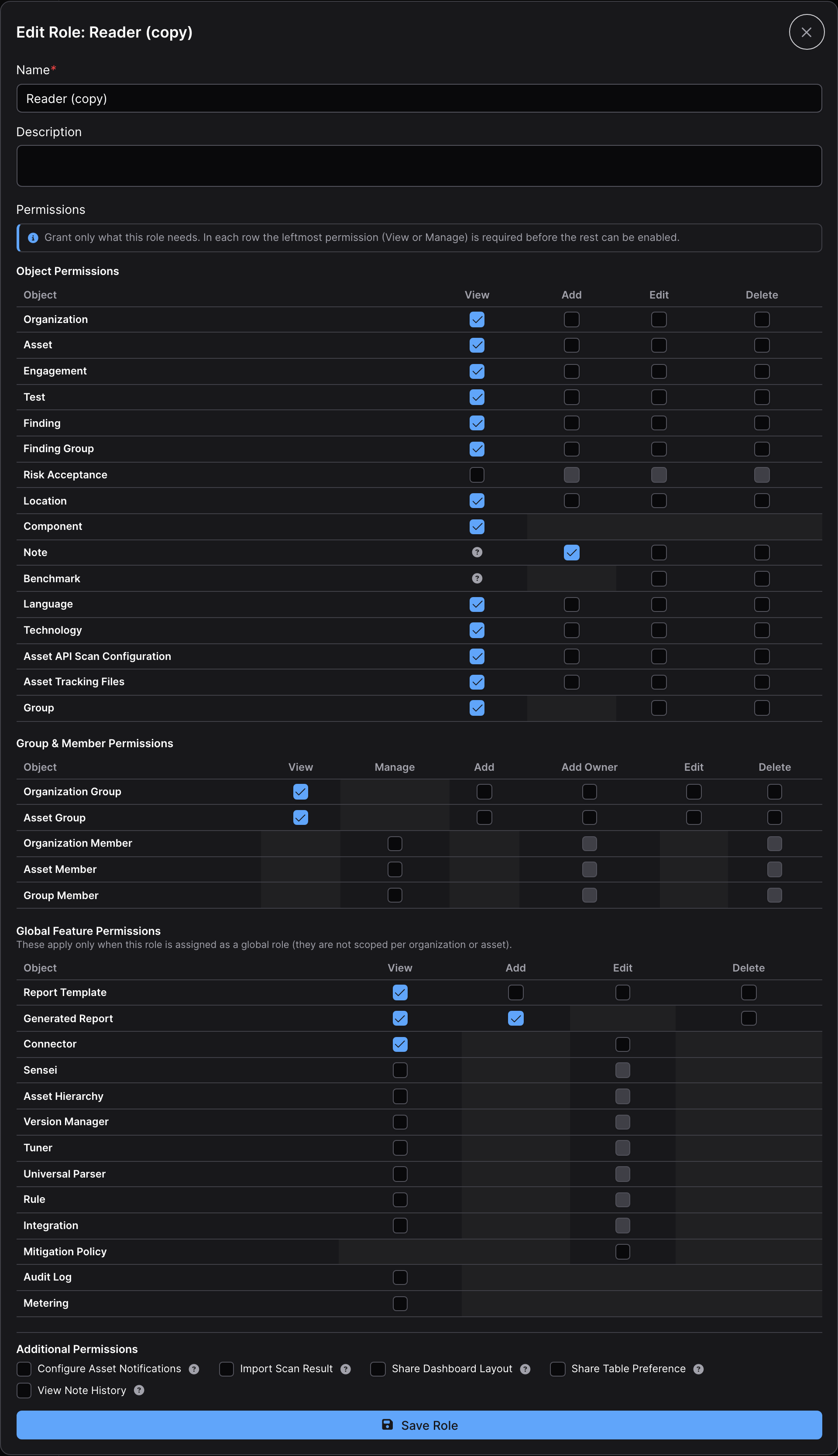 The permission grid in the role form