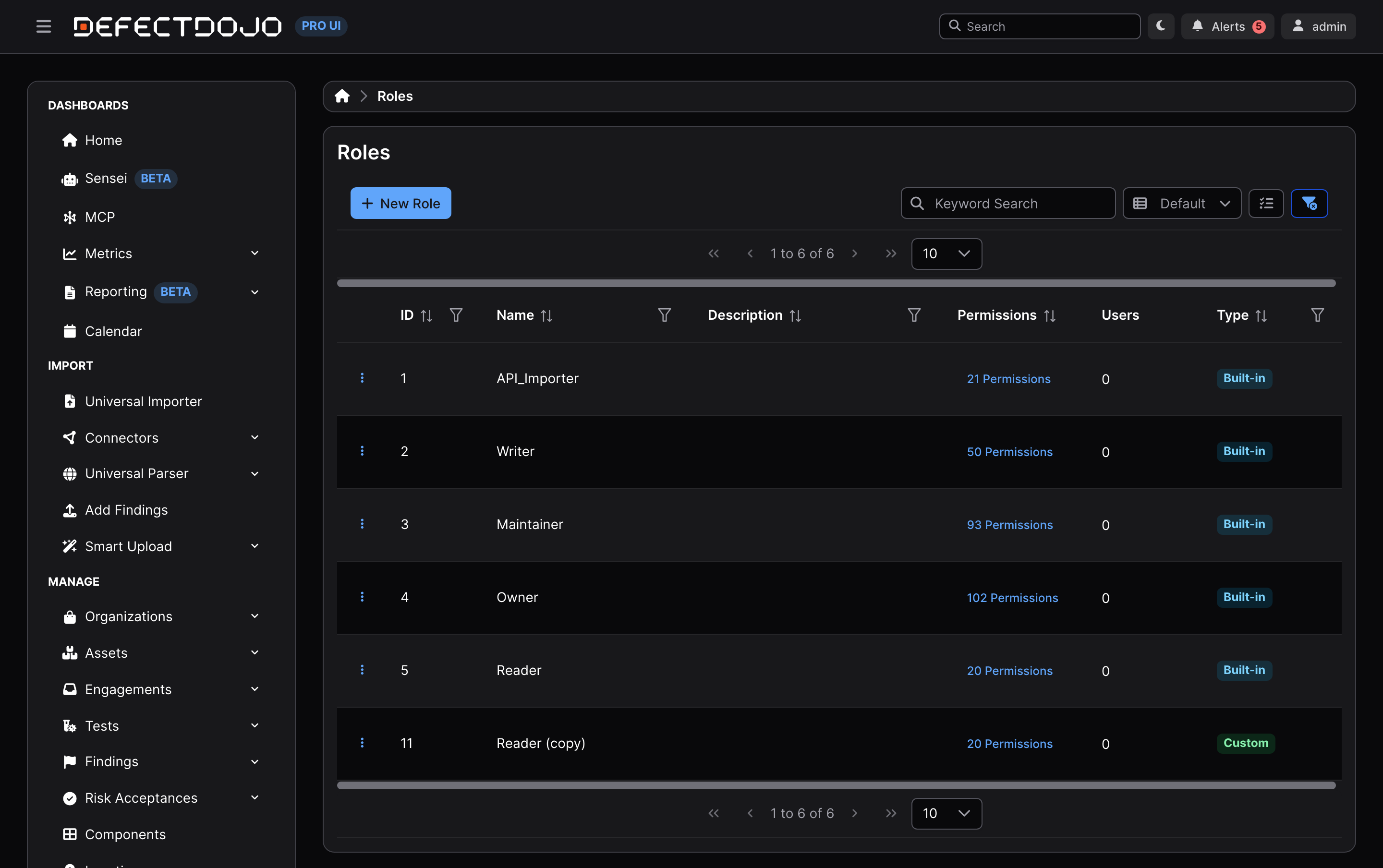 The Roles page listing built-in and custom roles
