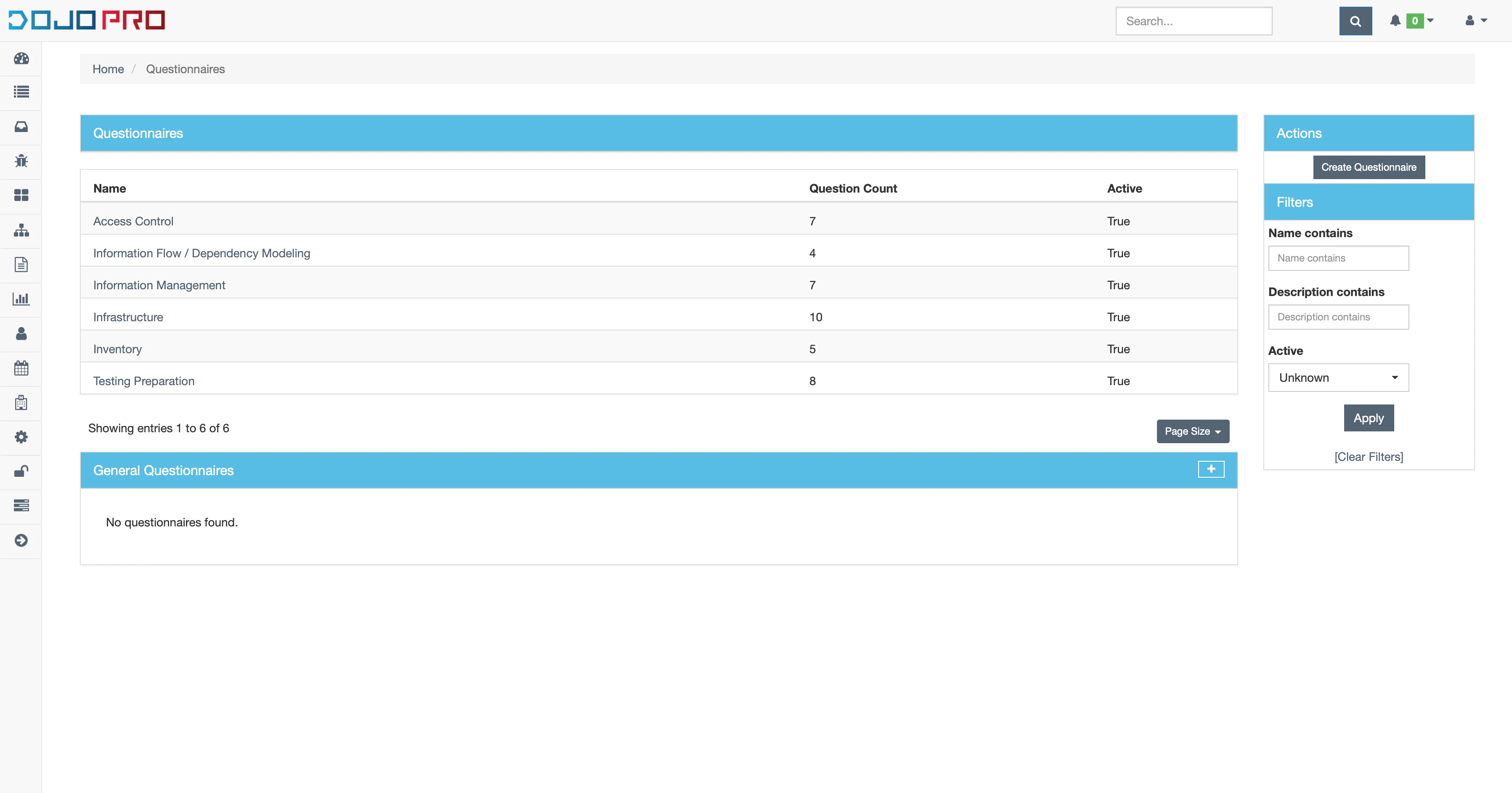 Questionnaires Home View