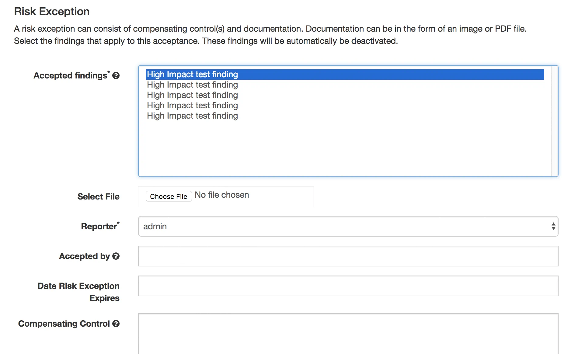 Creating a risk acceptance