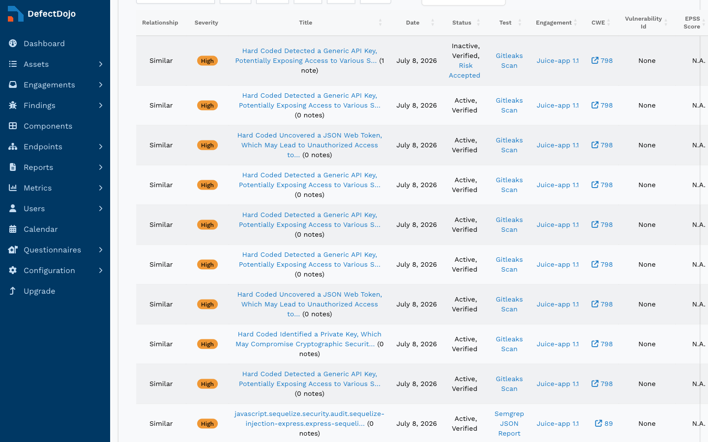 The Similar Findings results table