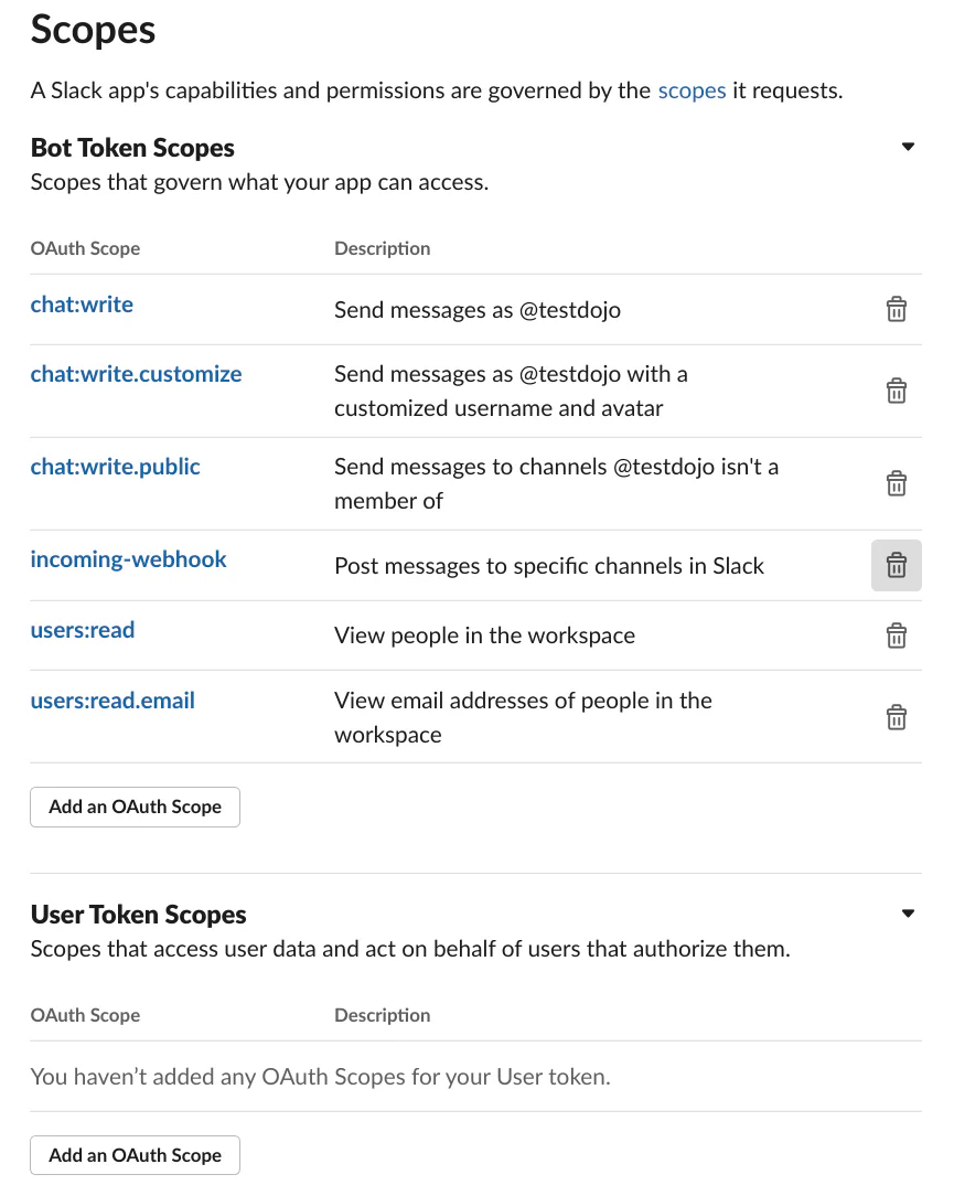 Slack OAuth scopes