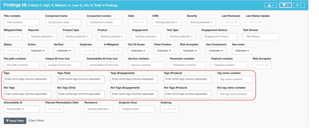 Snippet of the finding filters