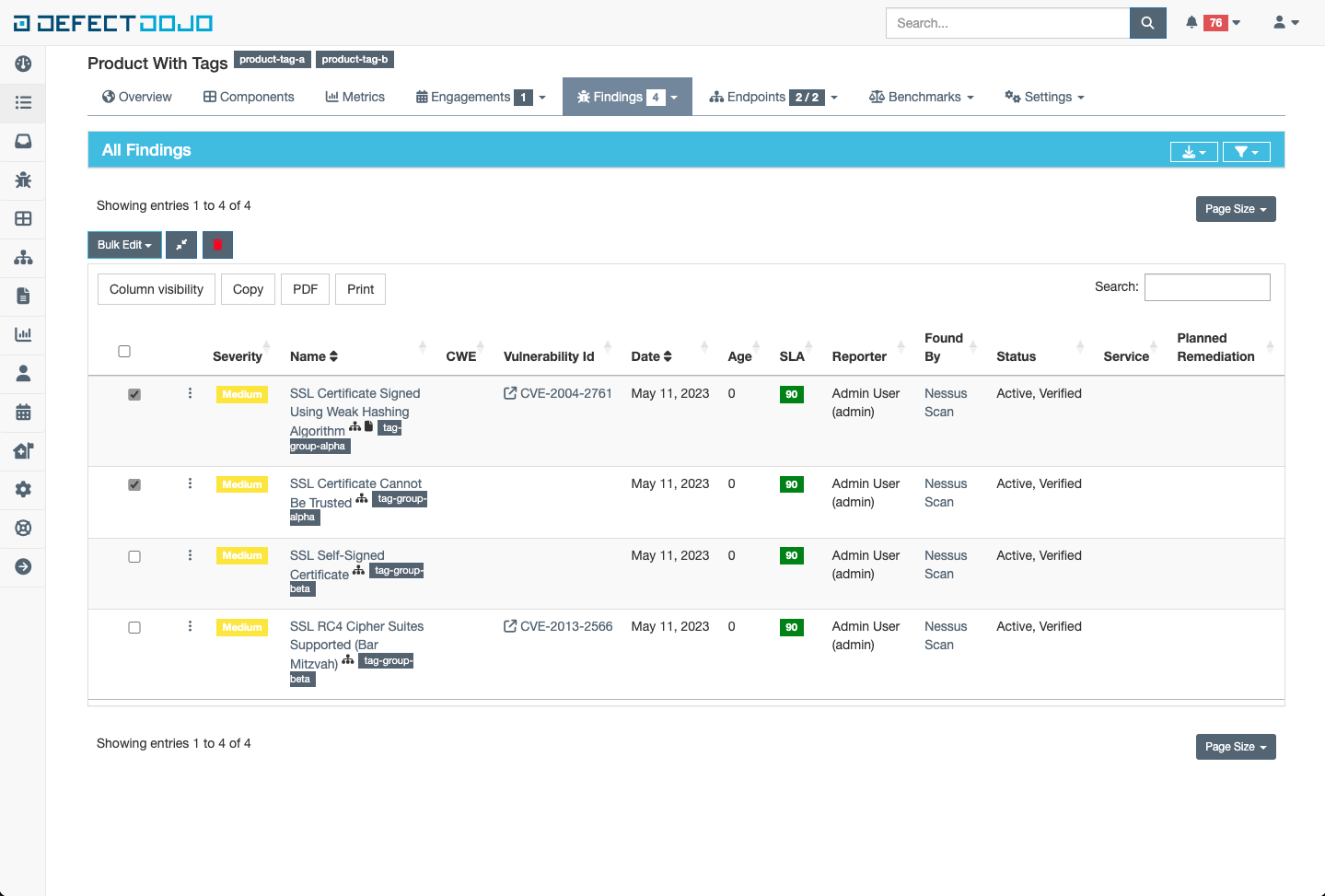 Select findings for bulk edit tag update