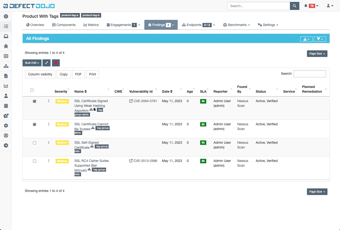 Select findings for bulk edit tag update