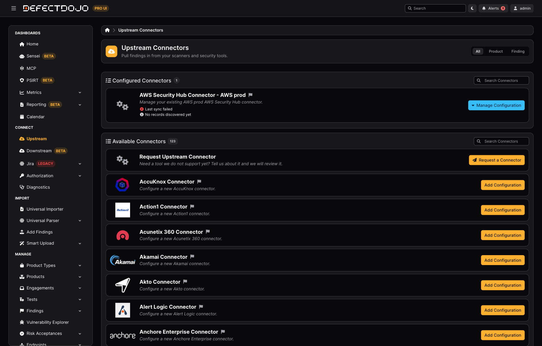The Connectors page, with a count beside each section heading