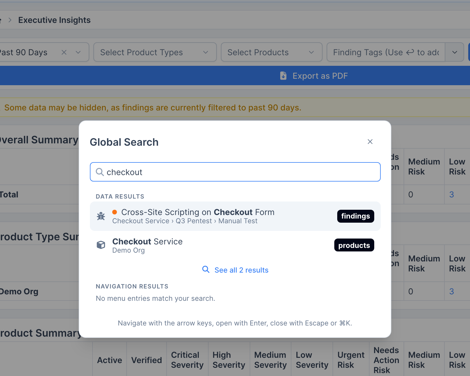 The Global Search dialog with data and navigation results