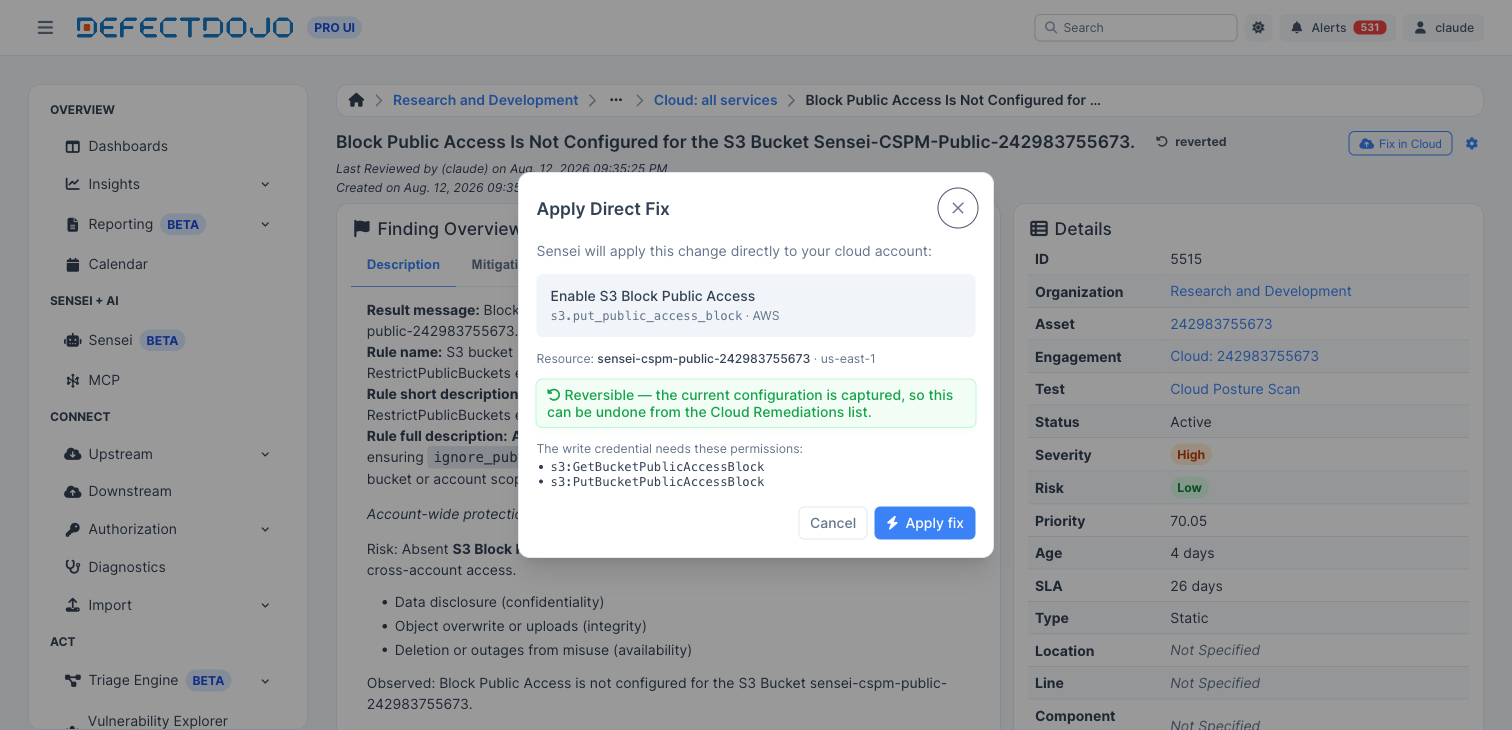 The Fix in Cloud button and Apply Direct Fix dialog