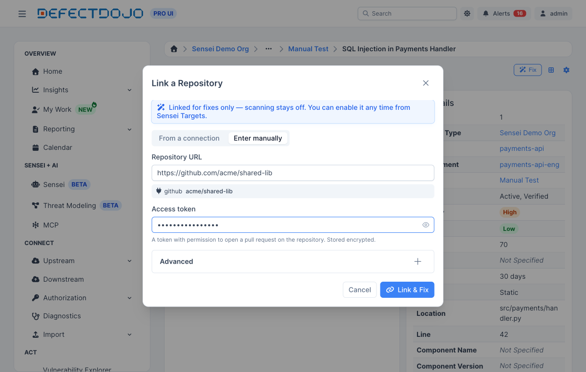 Linking a repository at fix time