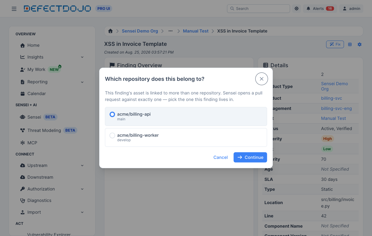 Choosing which repository a finding belongs to