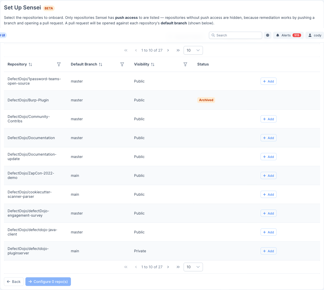 Select repositories to onboard